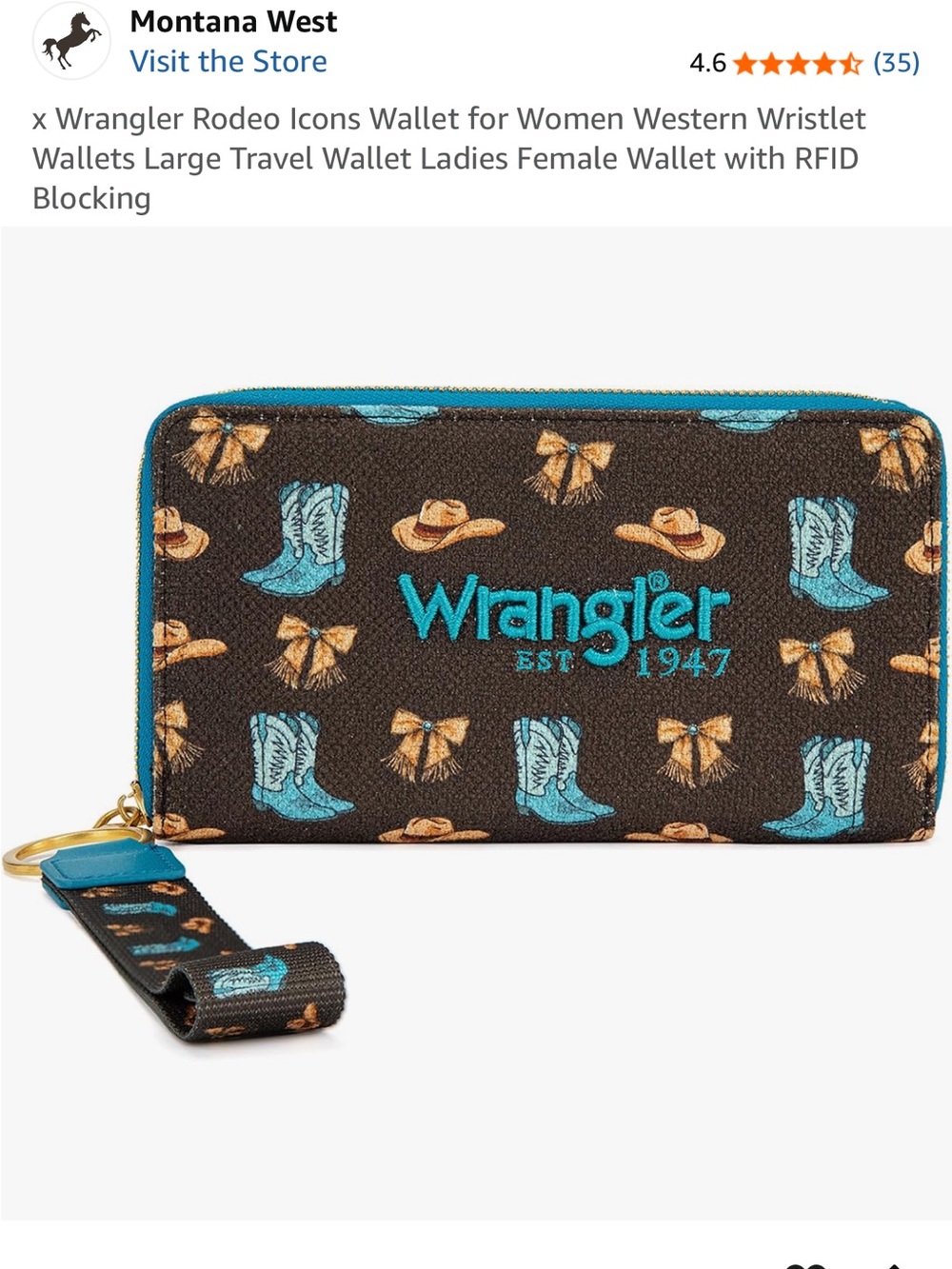 Brand new Wrangler Rodeo Icons Western zip-around wristlet wallet in Coffee.